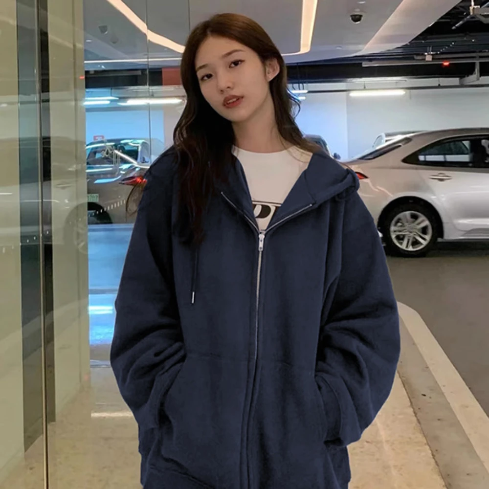 

Autumn Women Gray Jacket With Hood Long Sleeve Big Pocket Zipper Jacket Coat Woman Loose Casual Outerwear Coat Tops sweatshirtTh