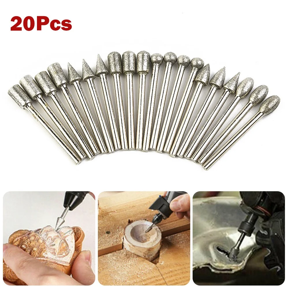 20pcs 3mm Diamond Grinding Heads Shank Burr Drill Bits Set 120 Grit Mounted Point Polishing Glass Stone Jade Engraving Accessory