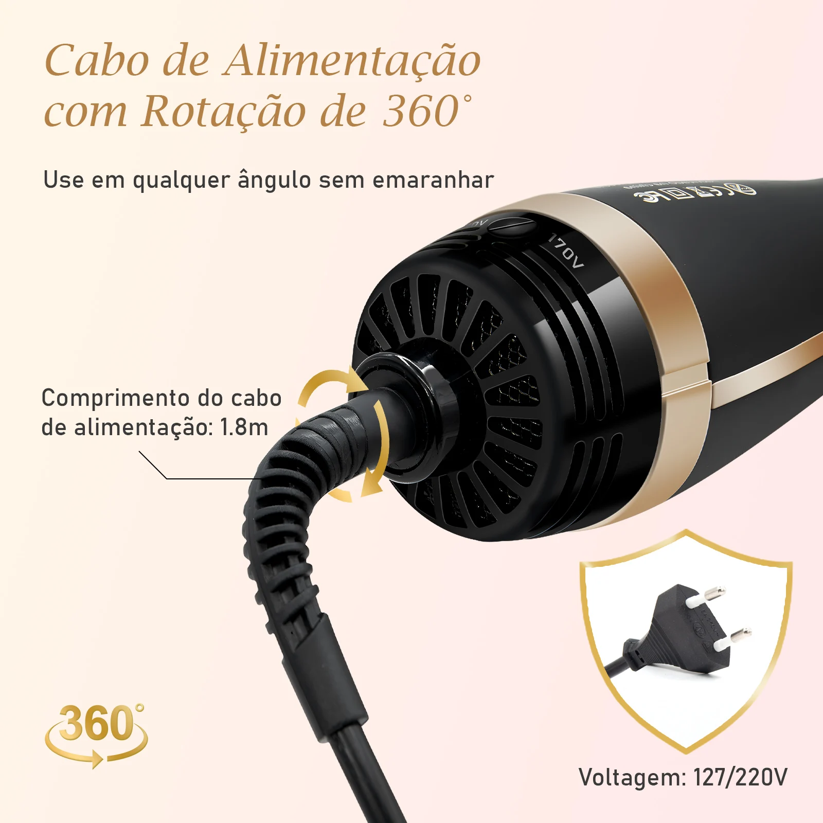 Escova Secadora, Escova Modeladora, 127V,Alisadora,127/220v Ajuste Rosapenteado para mulheres,pente de aquisição 3 em 1，EU