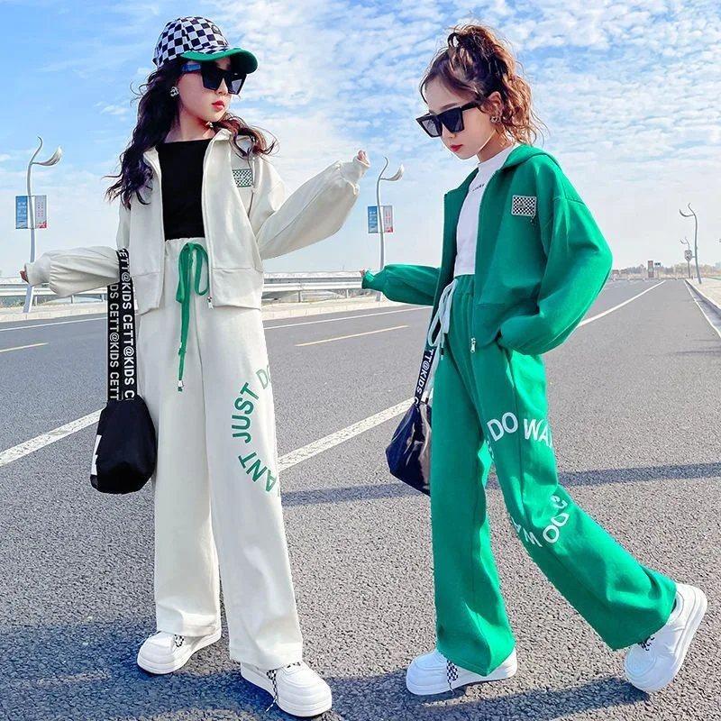 

2024 autumn winter Girls Teenager tracksuit sport narrow waist zipper Jacket hooded + letter pants child set 4 8 5 10 9 12 year