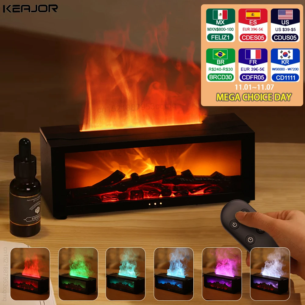 Humidificador aromático Difusor de aceites esenciales de llama Humidificador de aire Difusor de fragancia de aromaterapia con luz RGB y control remoto