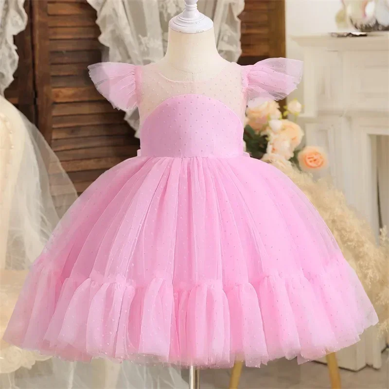 Toddler Tulle Dress for Flower Birthday Backless Bow Girls Gown Kids Party Wear Prince Pink Dresses Cute Baby Girl Bowknot Dress