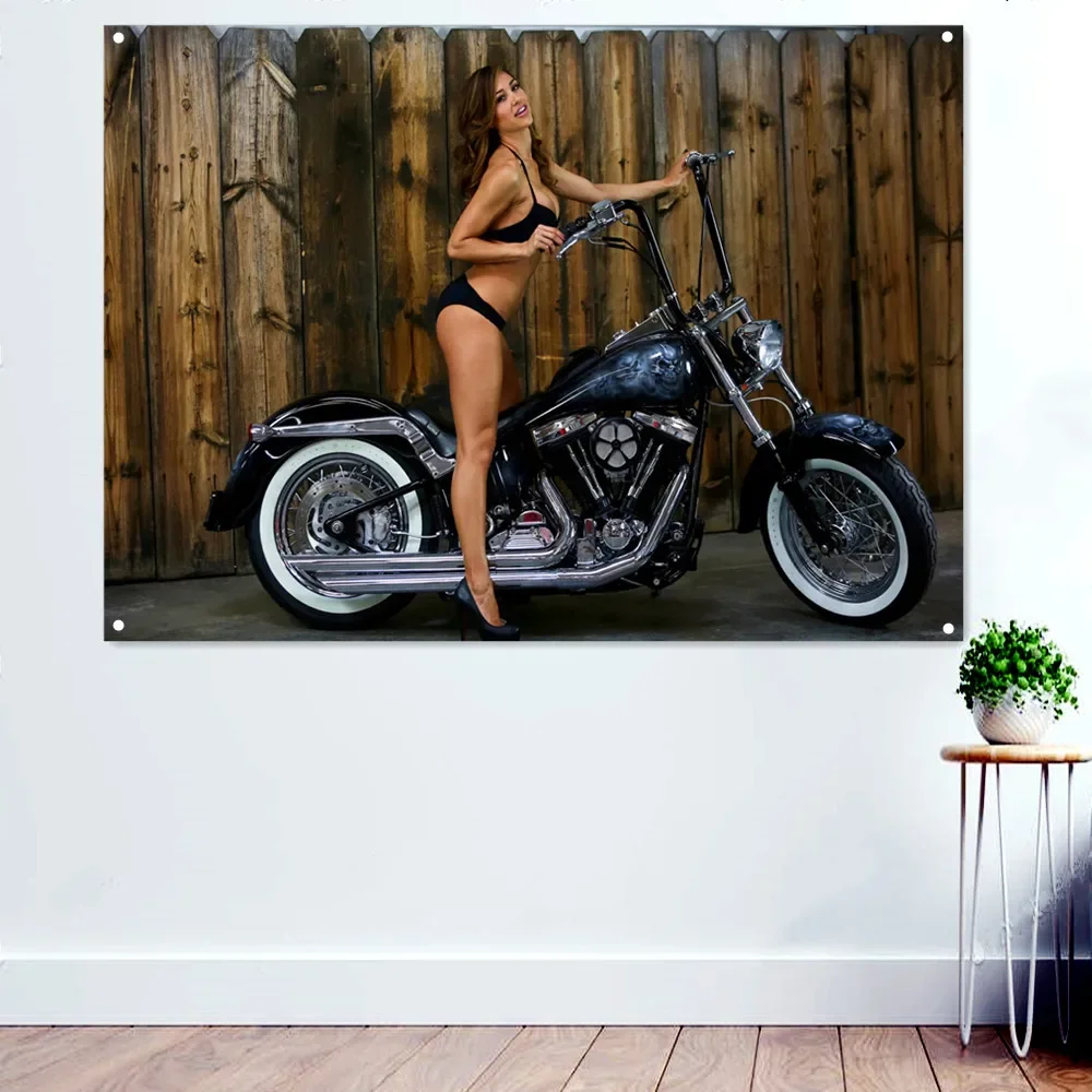 Crazy Hot Motorcycle Girl Poster Home Decor Banner Wall Hanging Flag Canvas Painting Wall Chart For Bedroom Living Room Dormitor