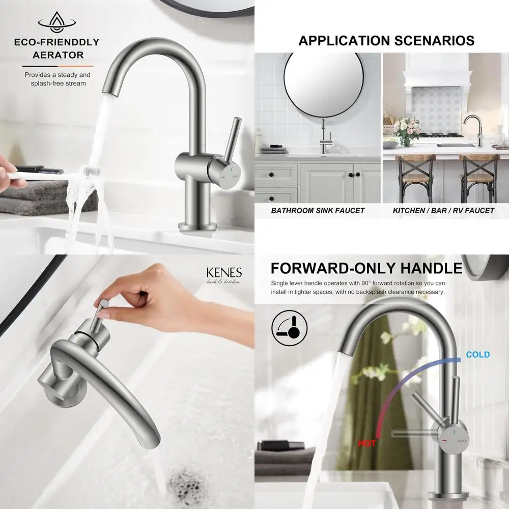 

Modern Single Handle Brushed Nickel Bathroom Faucet with Drain Assembly for Wet Bar and Farmhouse Sinks, KE-9005B