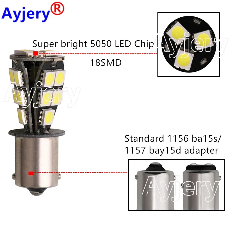 AYJERY 50PCS Car LED Bulb P21W BA15S 1156 PY21W BAY15D 1157 Turn Signal Light 12V 5050 18 SMD White Auto Reverse Parking Back