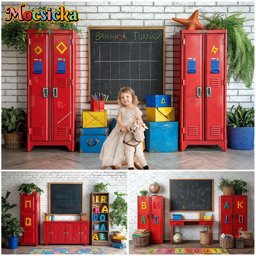 

Mocsicka Backdrop Photography Blackboard Bookshelf Desks Book Back To School Decor Students Photo Background Studio Party Banner