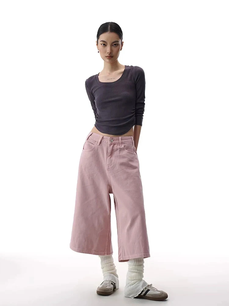 REDDACHiC Pink Cargo Jean Shorts Women Summer Jorts Cute Straight Wide Leg Low Waist Solid Casual Bermuda Pants Everyday Wear view 4
