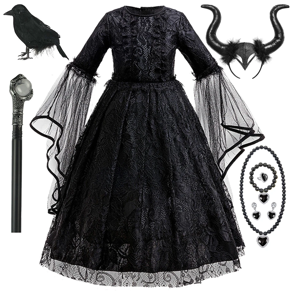 Disfraz de Bruja, Vestido de Princesa con Encaje Negro para Niñas, Vestidos de Vampiresa para Halloween, Fiestas Temáticas Oscuras, Disfraces de Carnaval para Niños