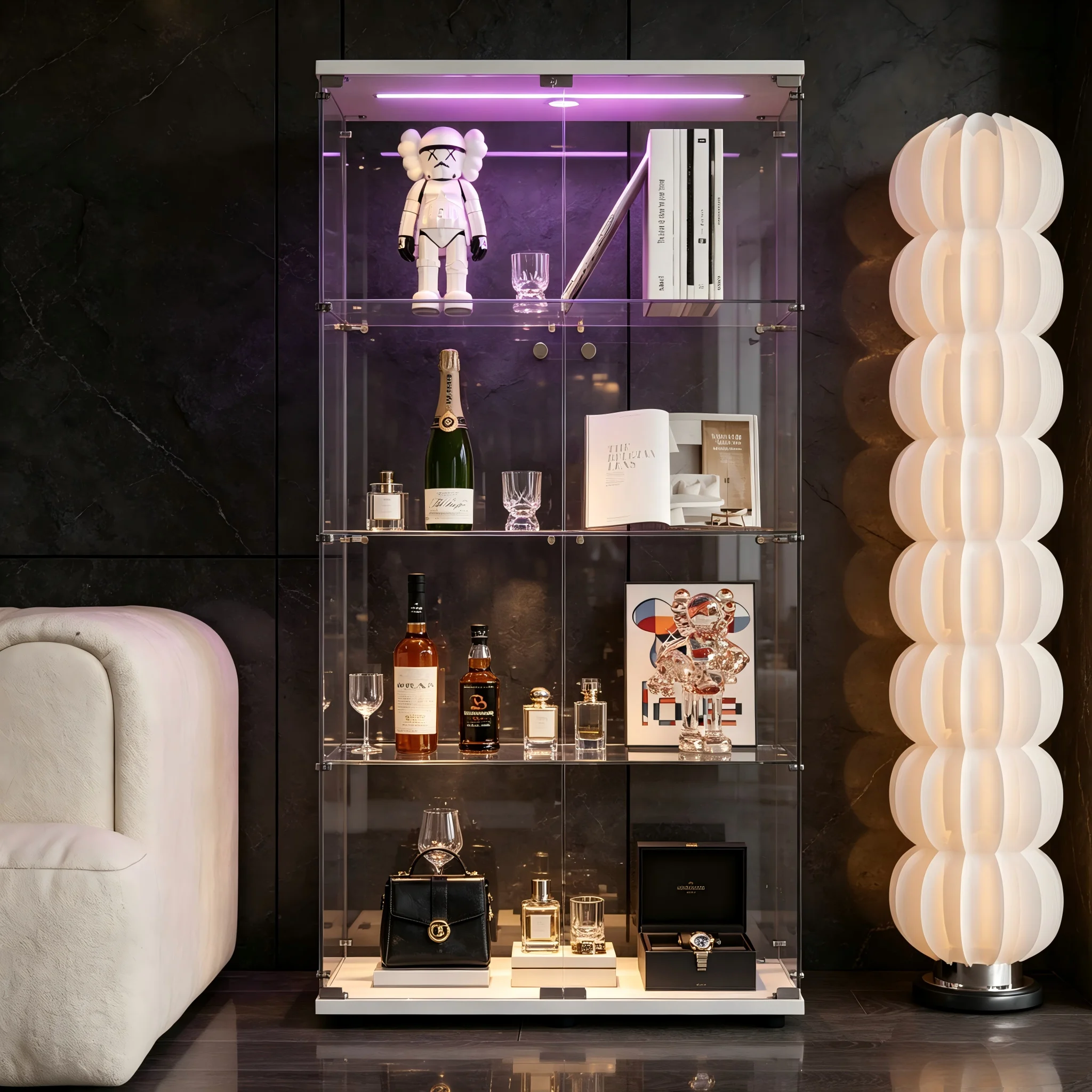 Vitrine en verre FANGANGE, vitrine sur pied à 4 niveaux en verre trempé pour figurines de collection, étagère de rangement autoportante pour salon, chambre à coucher, entrée, noir et blanc en option