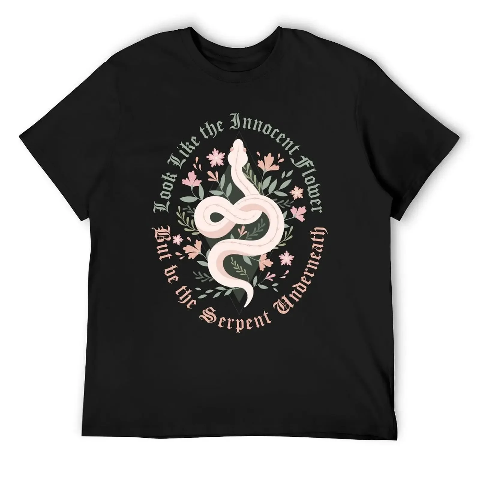 Serpent and Flowers Design, Quote from Lady Macbeth by William Shakespeare T-Shirt blacks blue archive mens cotton t shirts