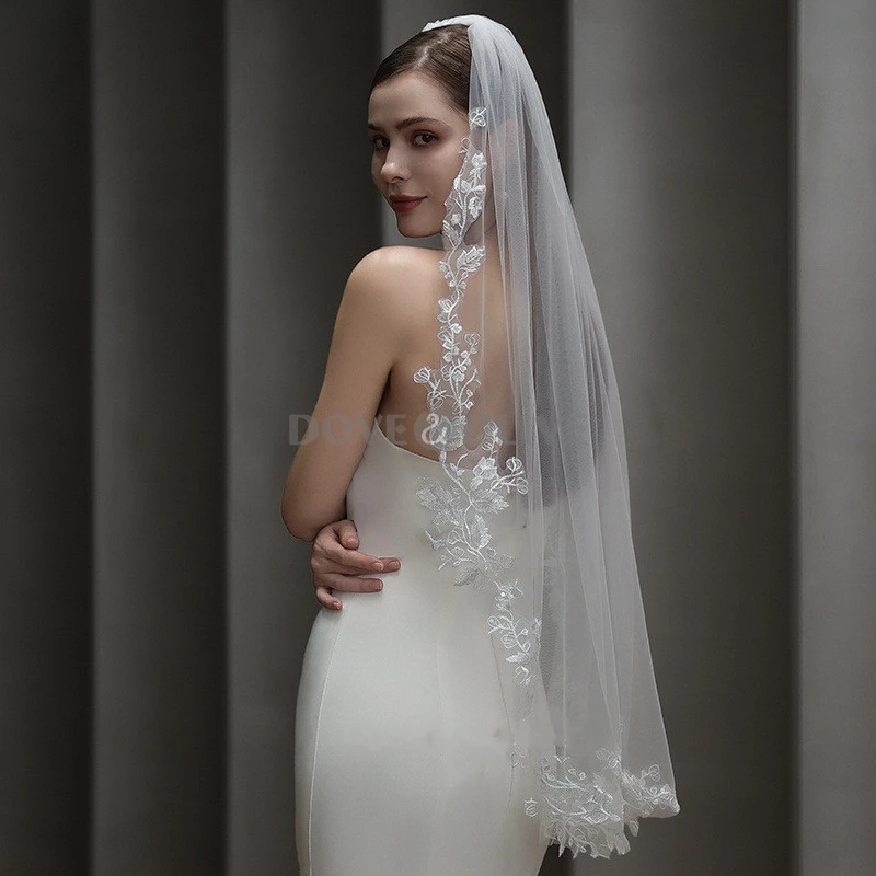 100cm Wedding veil for Brides One Layer with Comb Soft Tulle Lace Appliques Bridal Veils Headpiece Short Wedding Veils image 2