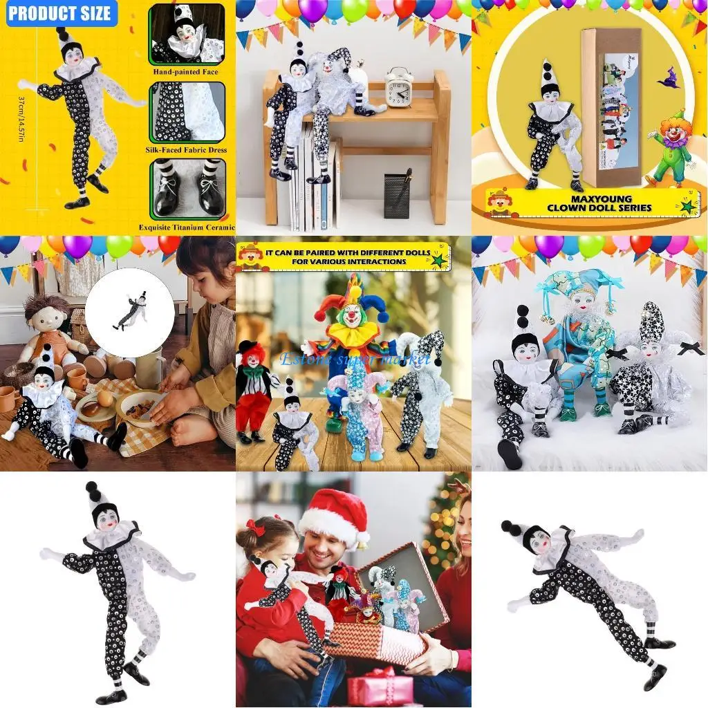 

090B Artistic Harlequin Porcelain Doll Collectible Toy Whimsical Silver Sequins Unique Porcelain Doll Figure