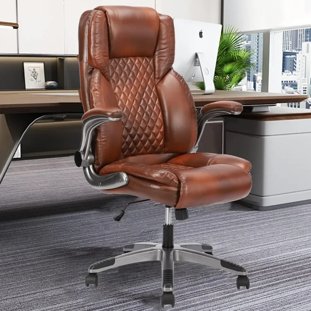 Brown Leather Office Chair with Flip up Arms, Ergonomic Executive Office Chairs with Wheels, 90-120° Rocking High Back