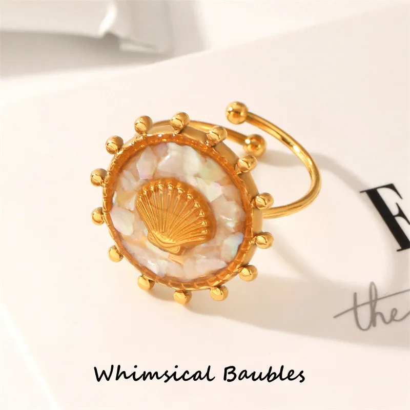 

Ocean 18K Gold PVD Plating Stainless Steel Round White Enamel Shell Chip Adjustable Opening Ring for Women