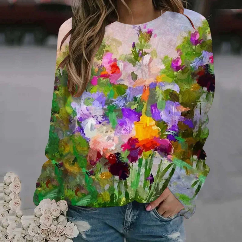 Autumn And Winter 3D Oil Paintings Printing Sweatshirts Women Florals Graphic Pullovers Harajuku Fashion Clothing Colorful Tops