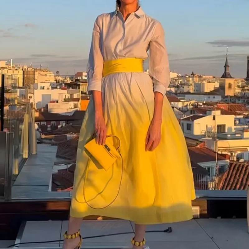 Vestido elegante con bolsillos para mujer, vestido de noche plisado de cintura alta a la moda de otoño, vestido de fiesta informal de manga larga con estampado degradado