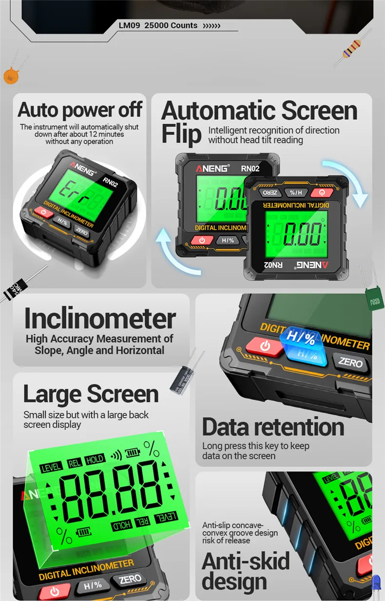 ANENG RN01/RN02/RN03 Digitaler Neigungsmesser Vierseitig Magnetisch Automatische Bildschirmumklappung Multifunktionaler Mehrwinkel-Horizontalmesser – Detail 21
