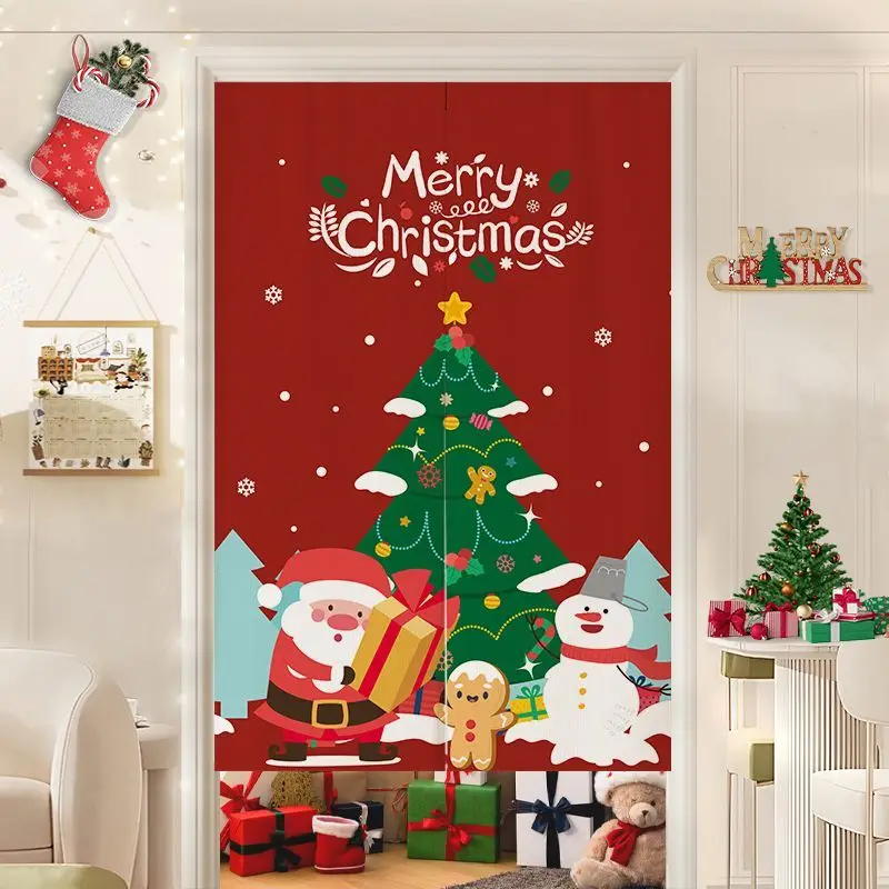 VIKAMA Christmas Santa Sleigh Reindeer Door Curtain Beige Red Trim Merry Xmas Stocking House Tree Bedroom Living Room Dorm Home