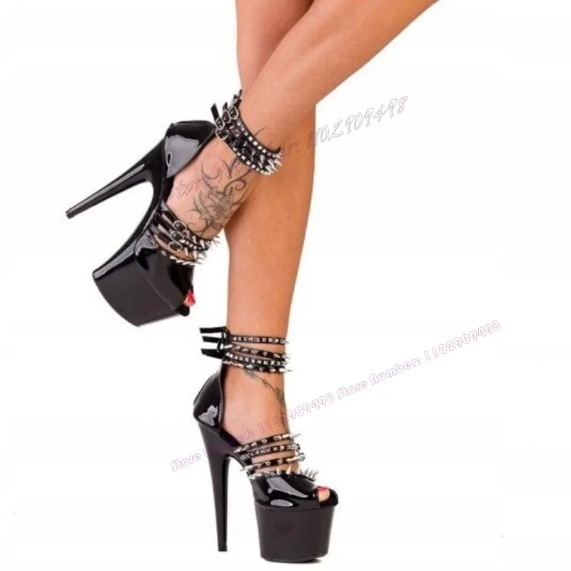 Black Rivet Platform Spike High Heels Sandals Peep Toe Shoes for Women Back Strap Ankle Buckle Shoes 2023 Zapatos Para Mujere