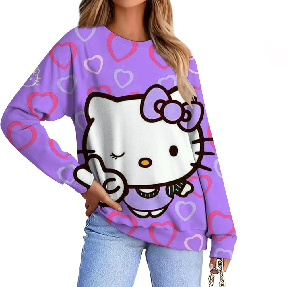 2025 خريف شتاء جديد وصول المرأة موضة هوديي مرحبا كيتي طباعة بلوزات الإناث اليومية عادية رياضي فضفاض البلوز