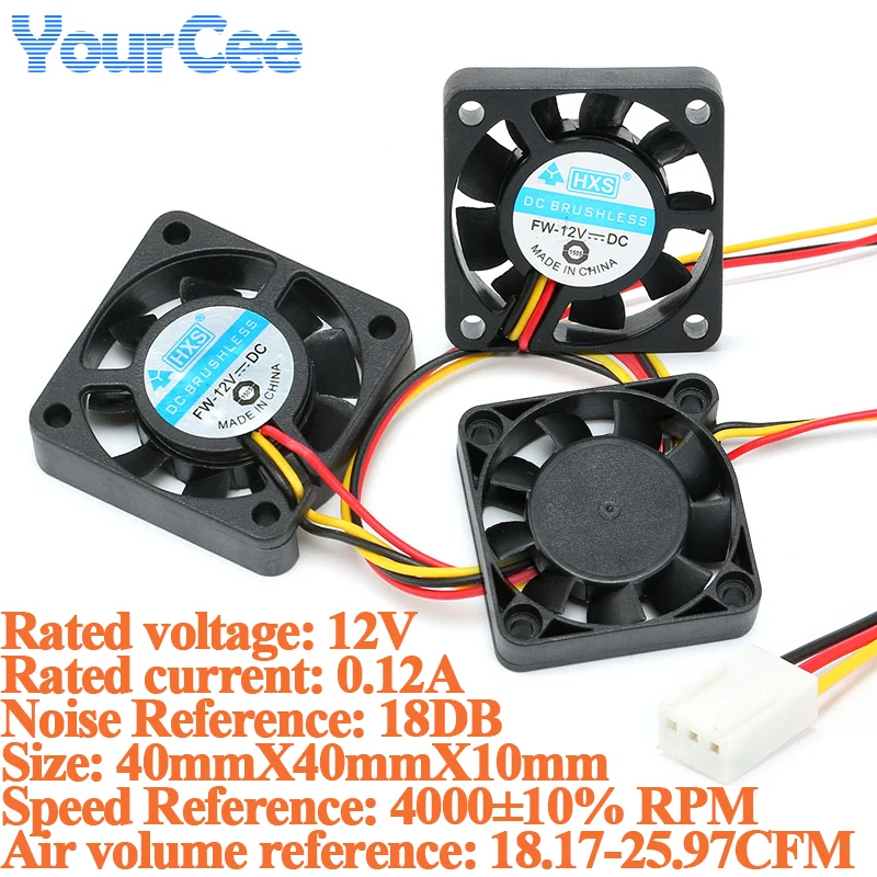2pcs/1pc Small Cooling Fan 12V 0.12A 4010S 40mm*40mm*10mm for Computer/Chassis/CPU/North-South Bridge Fan 3 Wire with Plug