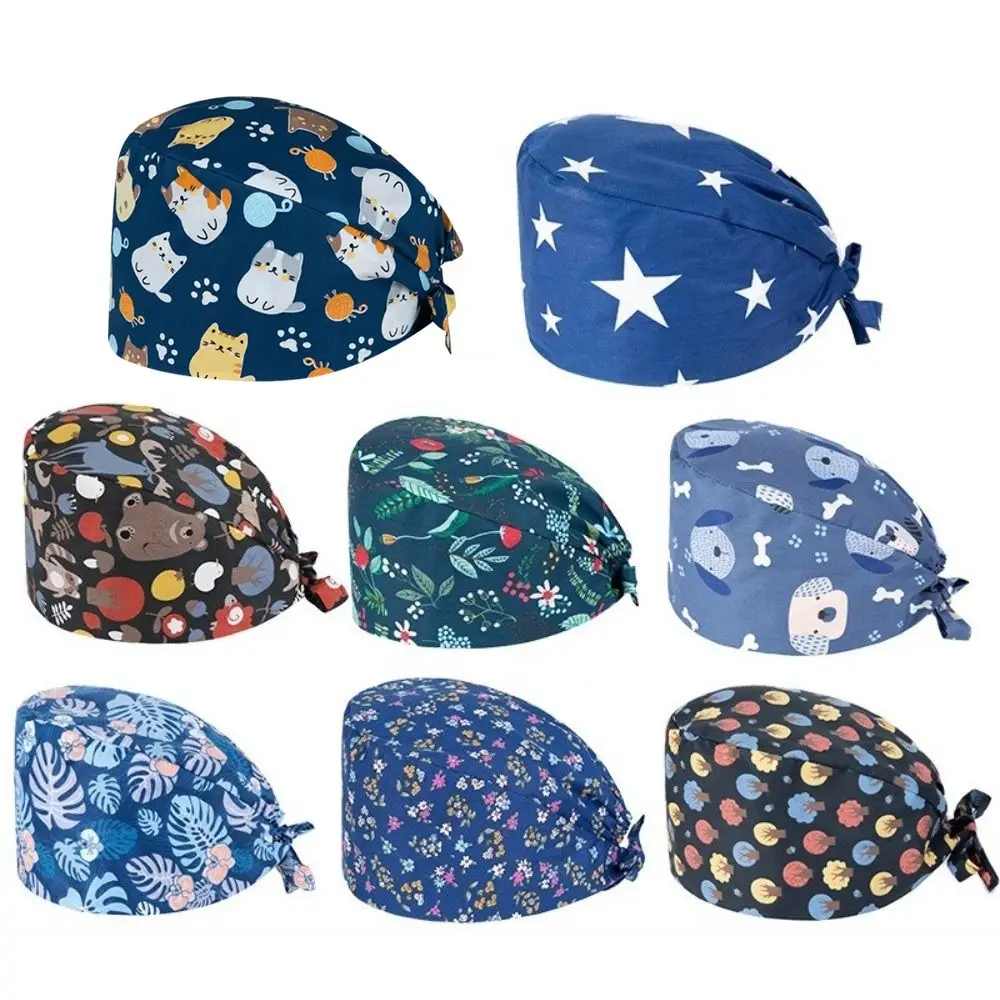 Unisex Cartoon Printing Scrub Cap Adjustable Buckle Pure Lab Scrub Hat Breathable Soft Print Design Nursing Cap Operating Room