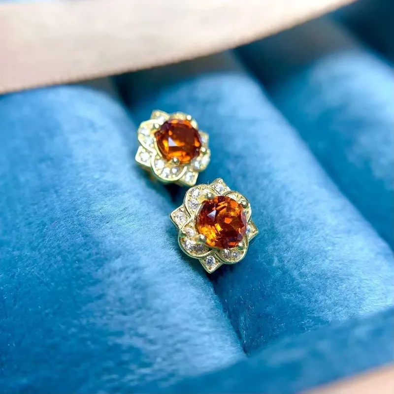 

New Natural Citrine Gemstone Jewelry Studs Earring 925 Pure Silver 5mm Suit Wedding Jewelry for Women