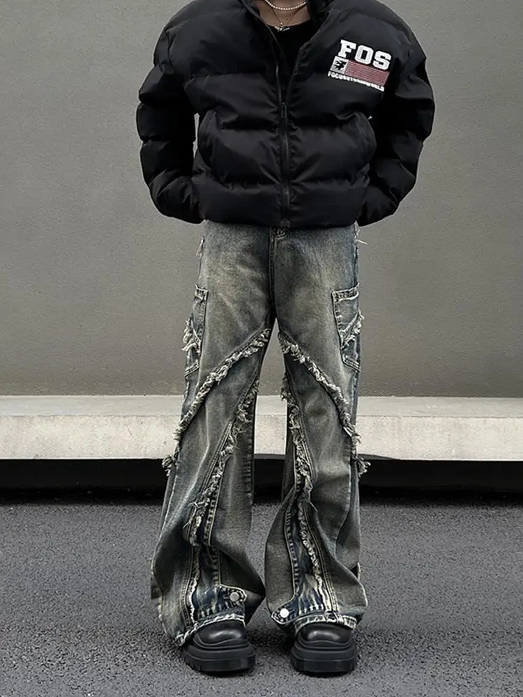 

Мужские джинсы American High Street с рваными краями, бахромой и пэчворком, прямого кроя, слегка расклешенные, с эффектом сильной потертости, повседневные, длинные