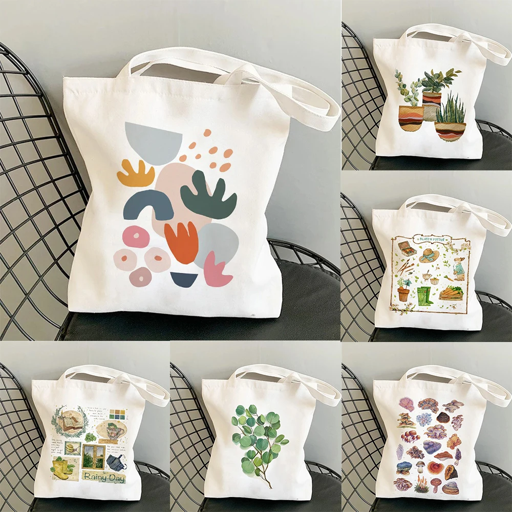 

Art Print Canvas Tote Bag Fashion Casual Large Capacity Shoulder Bag With Abstract Mushroom Rainy Day Plant Patterns For Daily