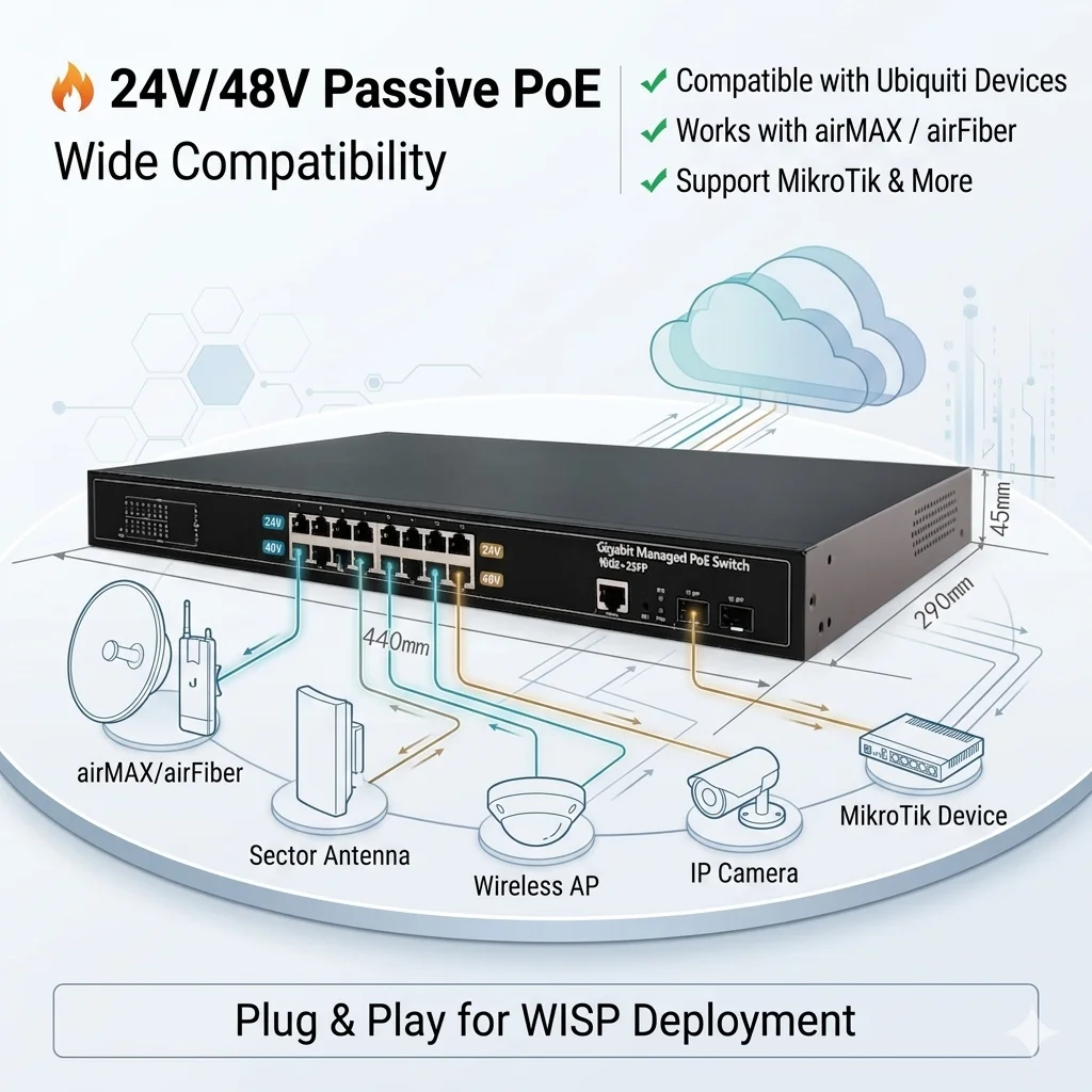 16 Port L2 Managed Gigabit Passive PoE Switch 24V 48V With 2 SFP Uplink VLAN QoS IGMP For CCTV IP Camera Wireless AP Monitoring