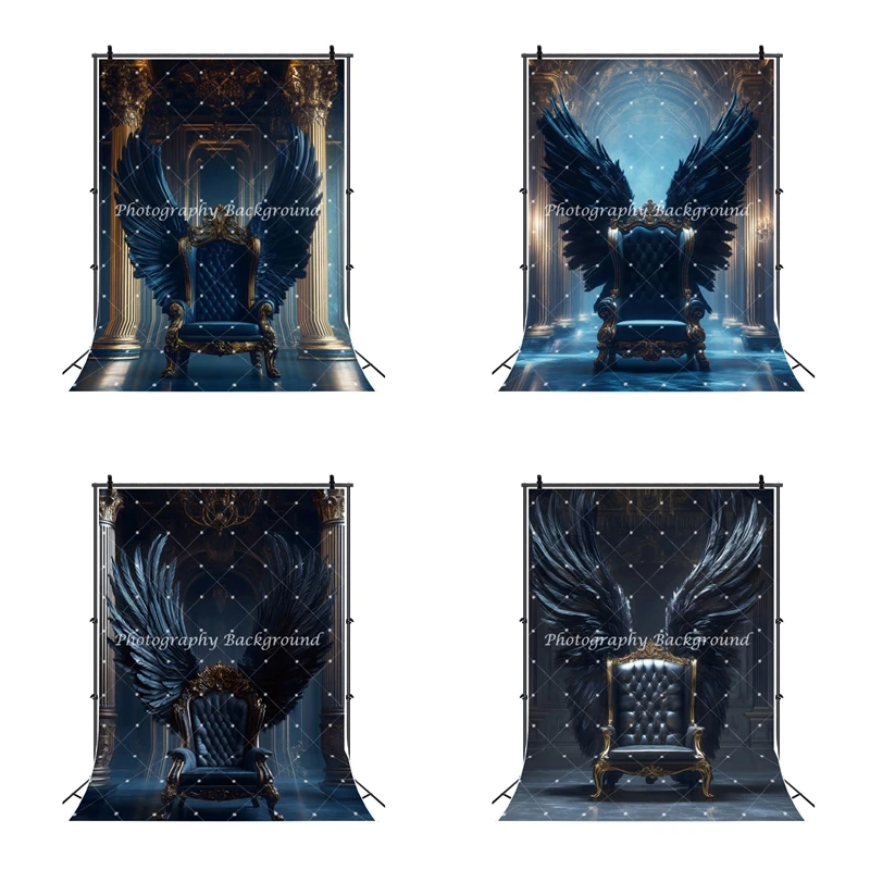 

Black Angel Wings Throne Photo Backdrop Gorgeous Palace Wedding Party Bridal Shower Baby Portrait Photography Background Props