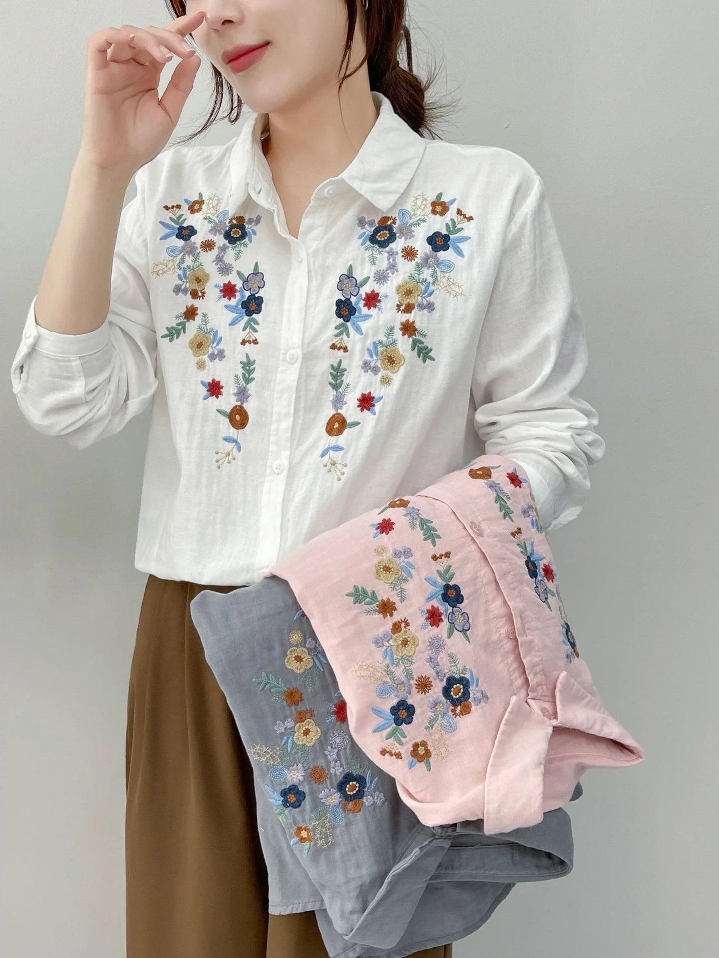 Women 100% Cotton Yarn Blouse 2024 Mori Girl Japan Style Long Sleeve White Flowers Embroidery Lady Tops Casual Female Clothes