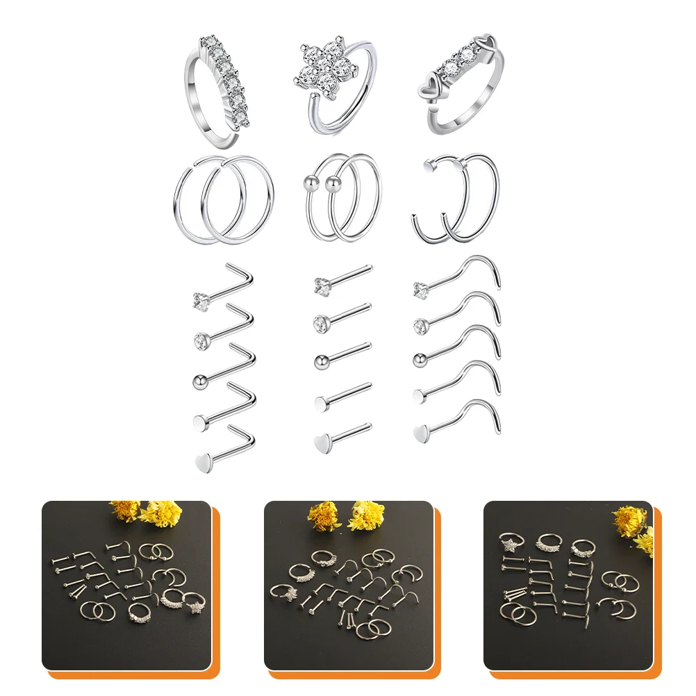 24Pcs Nose Studs Stainless Steel Nose Rings Studs Piercing Jewelry for Women Men nose piercing jewelry