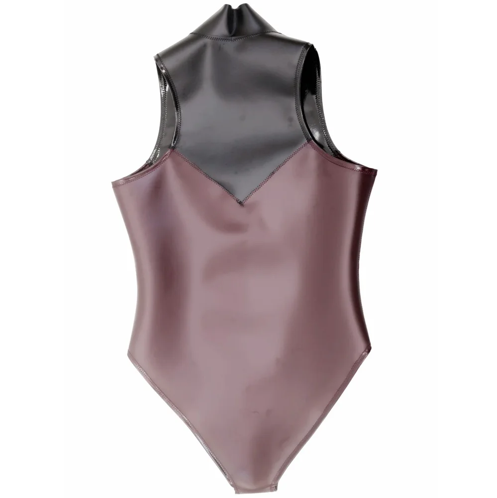 Women's Shiny Double-Sided PU Leather Tight-Fitting Bodysuit Sleeveless  Front Zipper Leotard Stage Clubwear High-Cut Shapewear