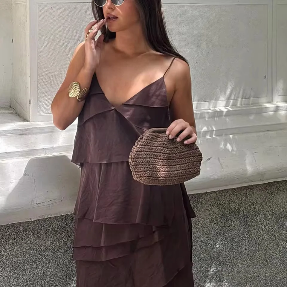 Printkaair elegante sexy vestido feminino marrom em camadas babados com decote em v assimétrico vestido longo nova moda verão férias praia vestido