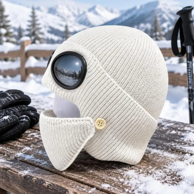 Acrylic Ribbed Skull Hat with Round Goggle for Cold Weather Sport Activity Wear 6XDA