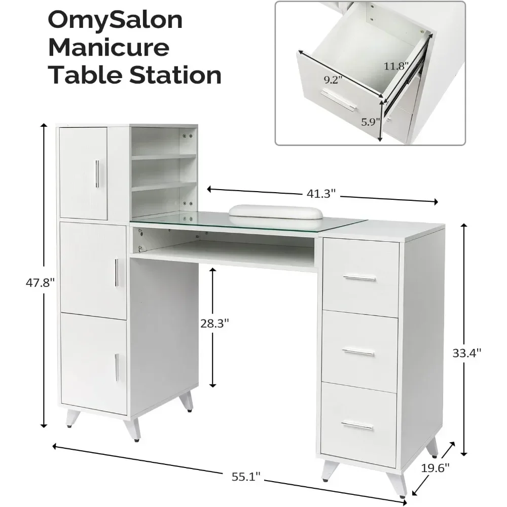 Table de manucure avec dessus en verre et assistant de poignet, bureau pour module d'ongle, fournitures pour salon de beauté, poste de travail décoratif, degré d'acétone