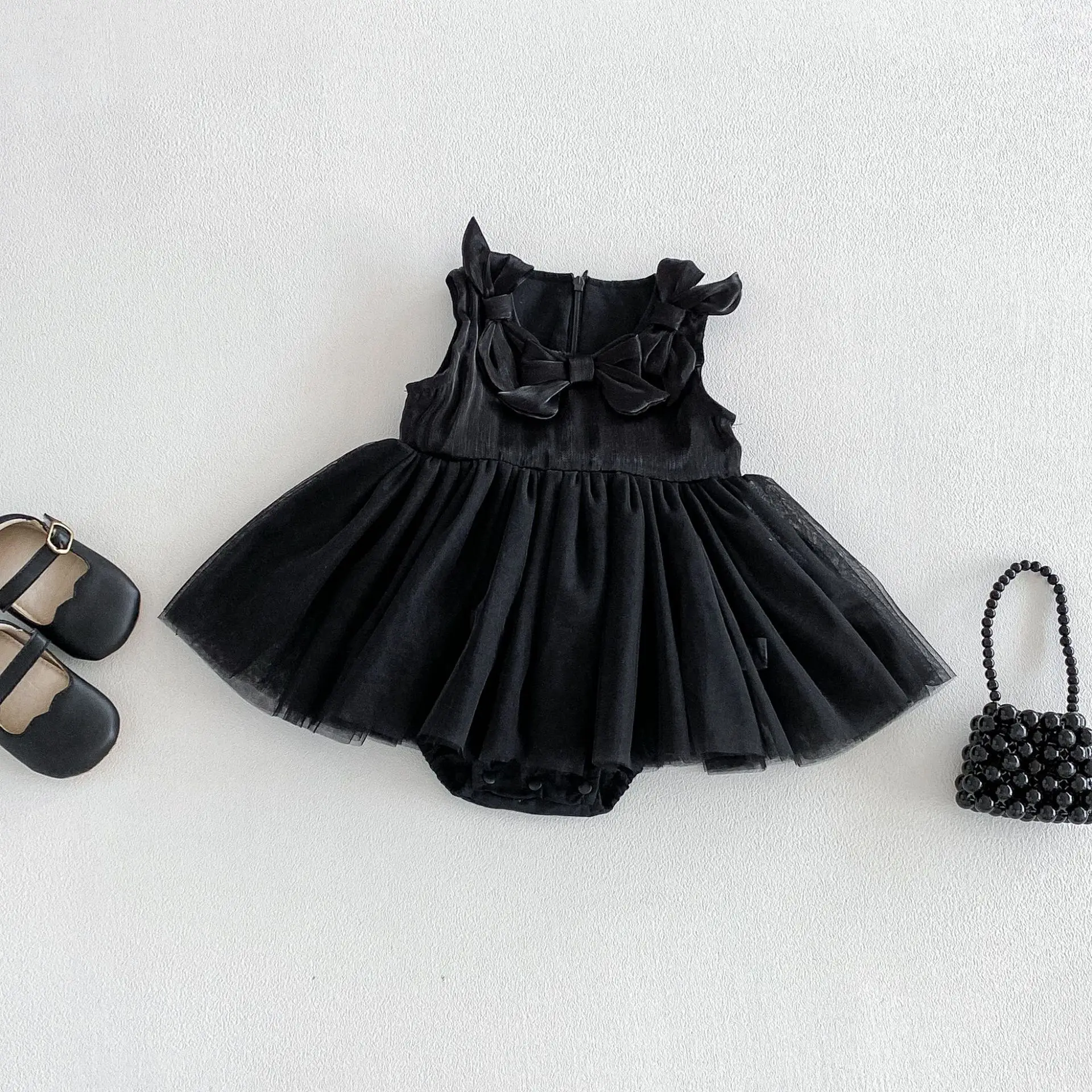 2026 Summer New Baby Girl Sleeveless Bodysuit Dress Solid Infant Girl Sweet Bow Mesh Princess Jumpsuit Toddler Clothes 0-24M