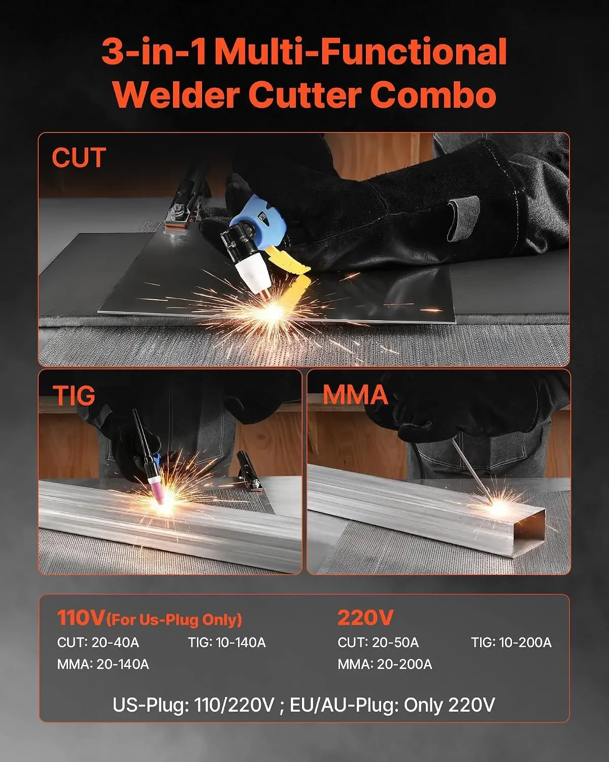 3-in-1 Plasma Cutter Welder Combo - CUT/TIG/MMA, 50A Plasma Cutting Machine & 200A TIG Stick Welder, Digital 110/220V Dual Volta