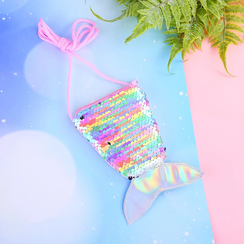 Borsa a tracolla piccola con paillettes a spalla singola per bambini creativi con coda di sirena da donna, semplice borsa di colore rosa all'ingrosso