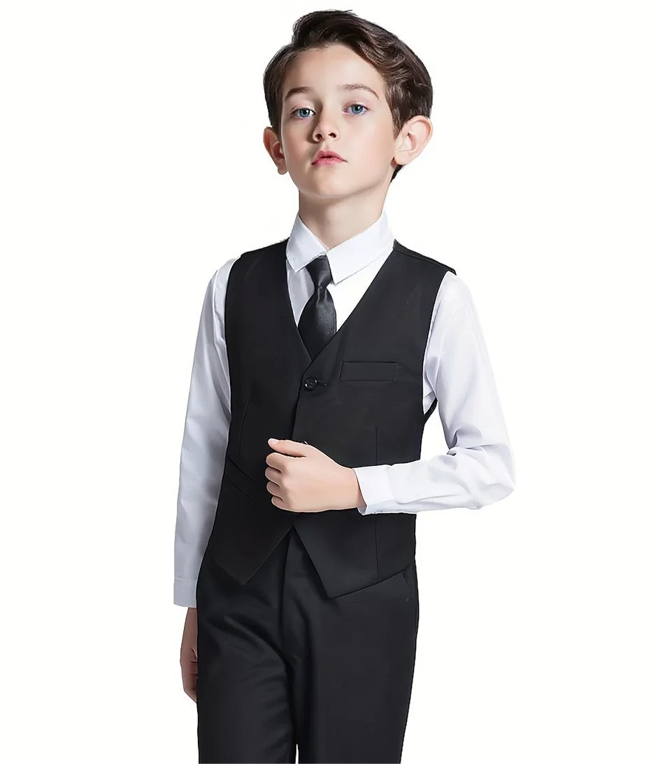 Jungenanzüge, 4-teilig, Jacke, Weste, Hose, Krawatte, zufällige Farbauswahl, Teenagerkleidung, Hochzeitskleidung, Bühnenkleidung, formelle Kleidung, klassisch, schmal geschnitten, elegant, für Kinder von 2 bis 16 Jahren. – Detail 6