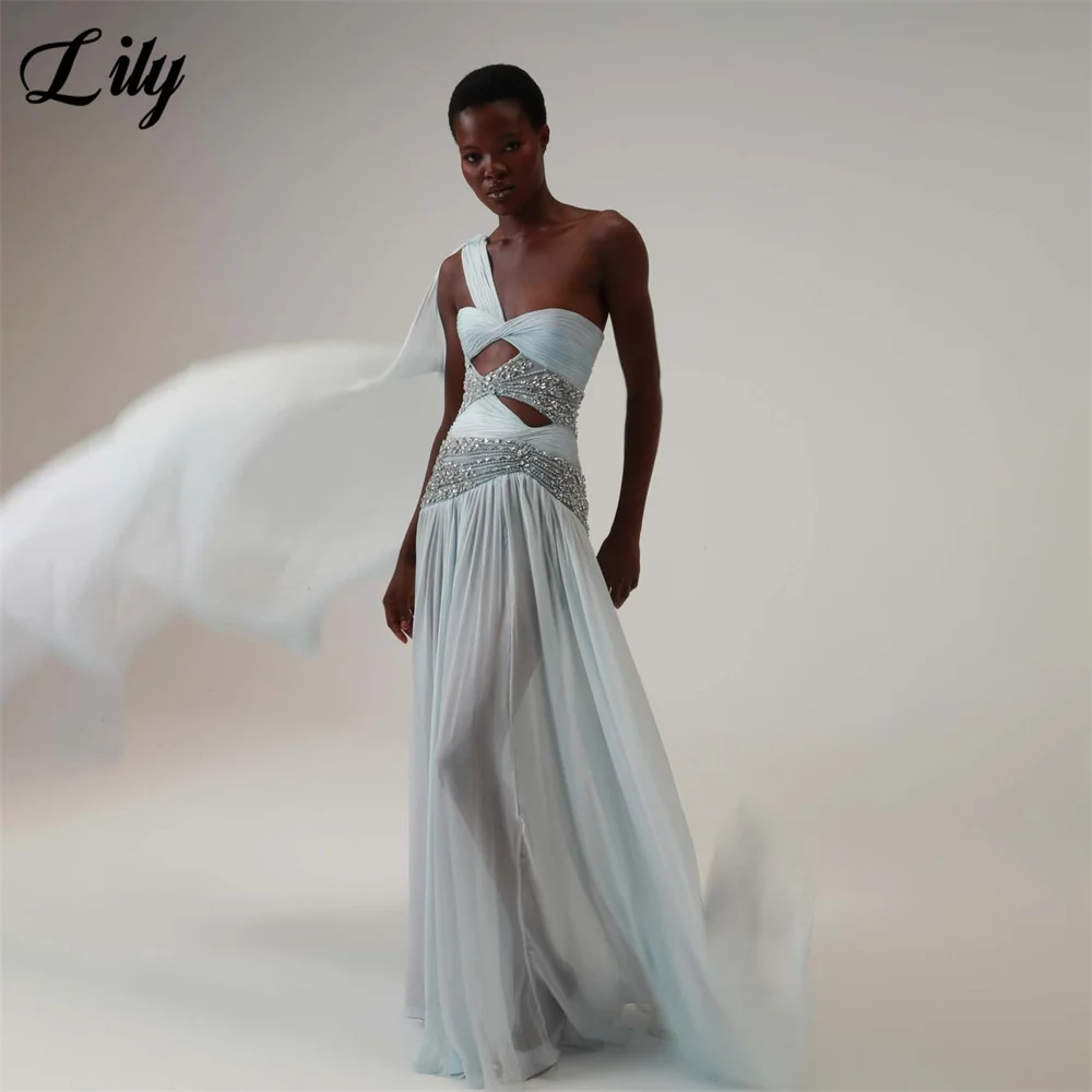 Lily Light Sky Blue Party Dress One Shoulder Chiffon Evening Dress Cutout Waist فستان سهرة Crystal Beaded Prom Gown Customized