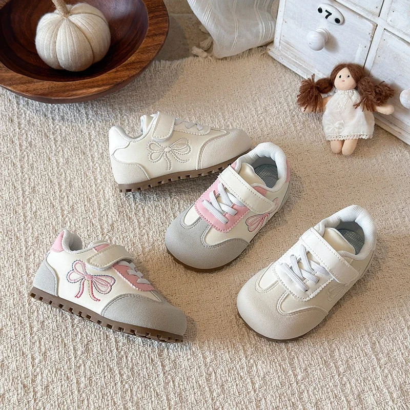 Girls Retro Bow Embroidery Sneakers, Toddler Kids Spring Autumn Casual Trainers, Hook and Loop Strap Non-Slip Gum Sole Shoes