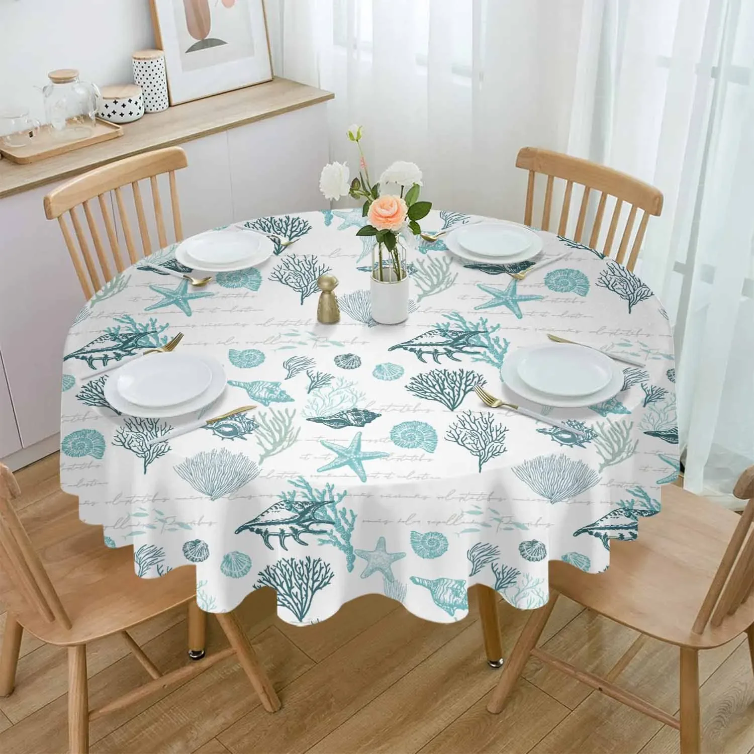 Seastars Shells Corals Navigation Retro Round Tablecloth Waterproof Table Cover Home Kitchen Table Cloth Dining Table Decoration