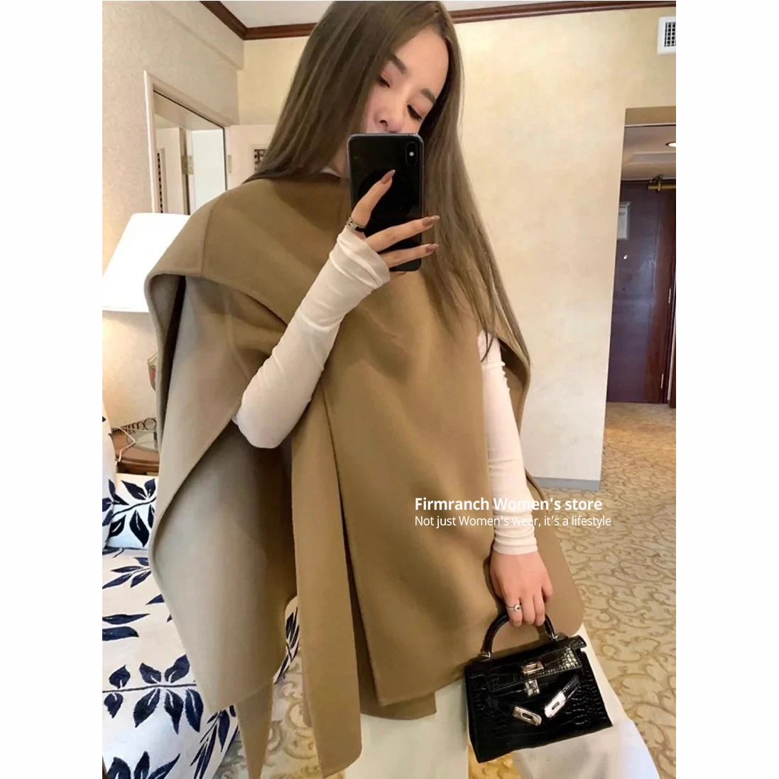 Firmranch 2024 New Women's 100% Wool Double-sided Shawl Jacket Irregular Design Cape Autumn Winter Woollen Coat Office Dressing