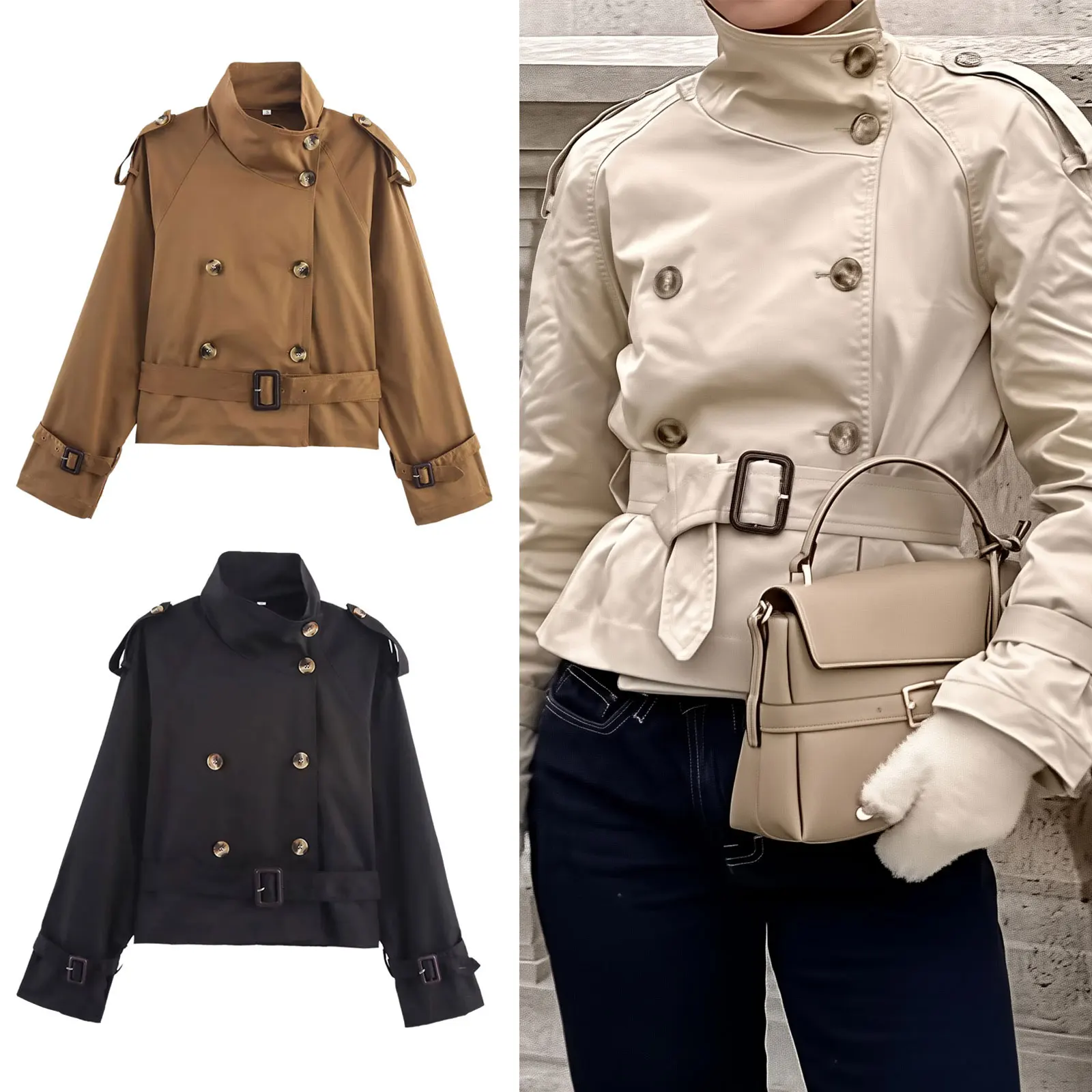 

HH 2022, осенние повседневные плащи для женщин, однотонная водолазка с длинным рукавом и поясом, двубортные куртки, женская модная верхняя одежда