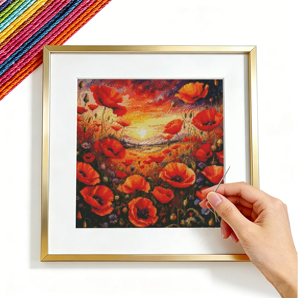 Kit de Broderie Point de Croix 11CT – Motif Fleur de Pavot – Toile Imprimée DIY – Artisanat pour Adultes – Décoration d'Intérieur – Ensembles de Broderie – Décoration de Maison Coucher de Soleil – Artisanat