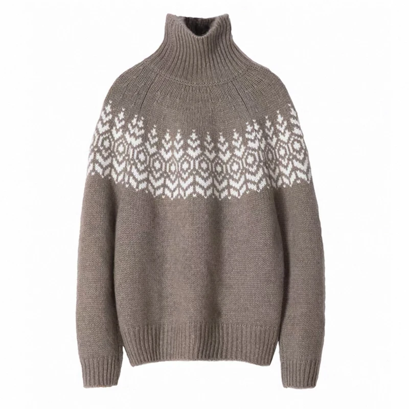 TLOML New Women Turtleneck Jacquard Pullover Sweater Autumn Winter Thick 100% Merino Wool Knitwear Soft Warm Bottoms Female Tops