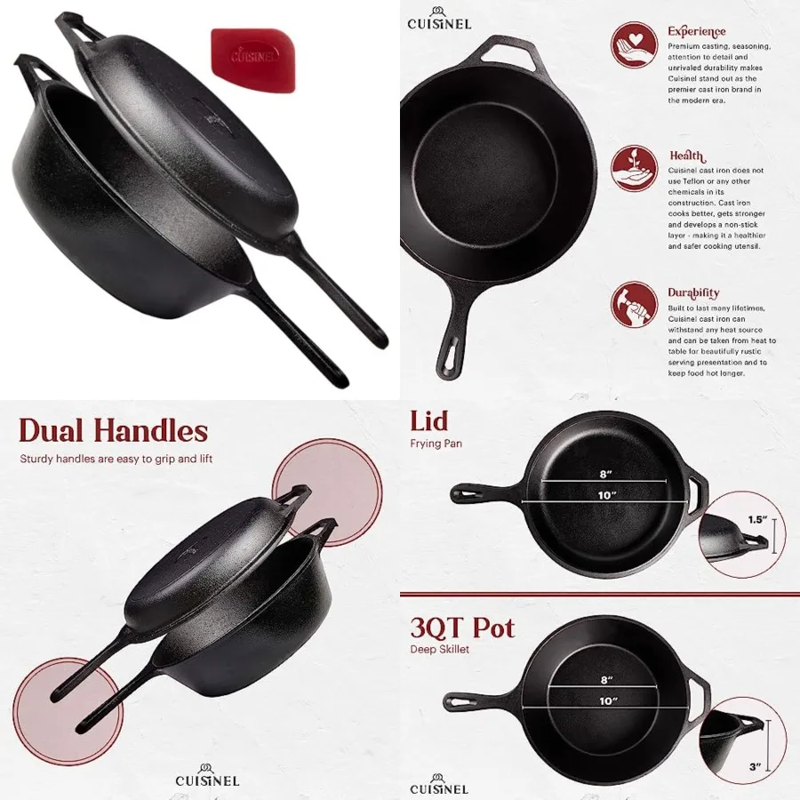 

Cast Iron Skillet + Lid - 2-In-1 Multi Cooker - Deep Pot + Frying Pan - 3-Qt Dutch Oven - Pre-Seasoned Oven Cookware - Works fo