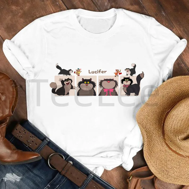 Women Funny Lucifer The Cat Women's T-shirts Y2k T-shirt Stepmother's Pet Cat Female Clothing Kawaii Harajuku Woman Tee
